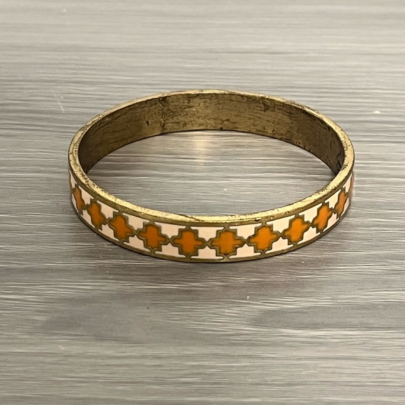 Lucky Brand Gold and Enamel Bangle Bracelet, Orange and White, Boho - Picture 2 of 6